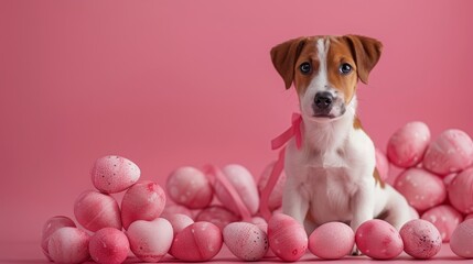 A dog is sitting in front of a pink background with a bunch of pink eggs