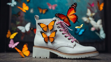 illustration of butterflies on knee long white boots with lots of vibrant colors and a beautiful ramp in the background