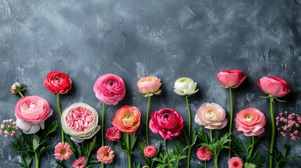   A row of pink and white flowers atop a gray table, surrounded by green leaves and more pink and white flowers