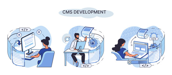 Digital content management system, CMS development software metaphor. Information system or computer program enable organize collaborative process of creating, editing and managing soft in network