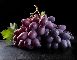 Ripe grapes with leaf on black background. Fruits and summer berries illustration