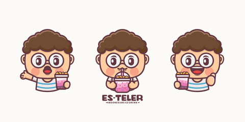 cute mascot with es teler indonesian traditional drink, vector cartoon design
