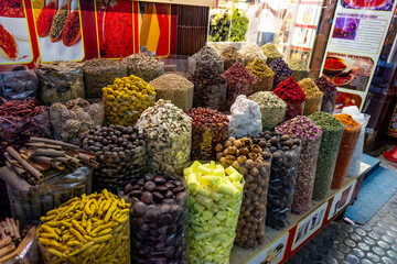Colorful different spices in the spice market souk in old Dubai