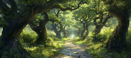 A tranquil forest path lined with ancient trees in a temperate forest, inviting exploration into...