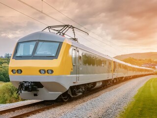 Obraz premium a British freight train with a yellow and grey livery, passing through a village on a railway track under a cloudy sky. 