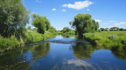A tranquil scene of a slow-moving river in the lowlands, bordered by willow trees and reflecting the blue sky above