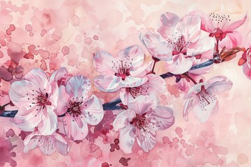 Botanical watercolor print of delicate cherry blossoms in full bloom