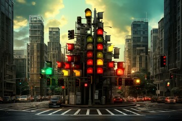 Traffic lights evening. Sign road. Generate Ai