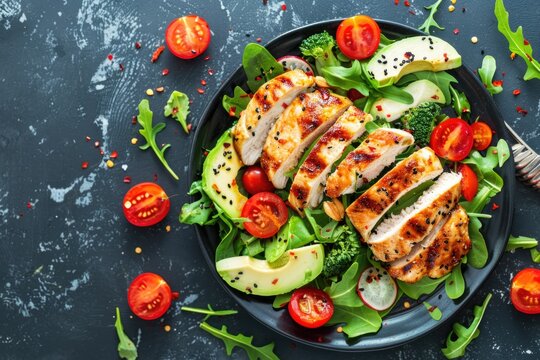 Fresh and colorful plate with chicken, avocado, and tomatoes. Ideal for food and recipe websites