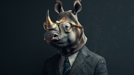 A rhino wearing glasses and a suit