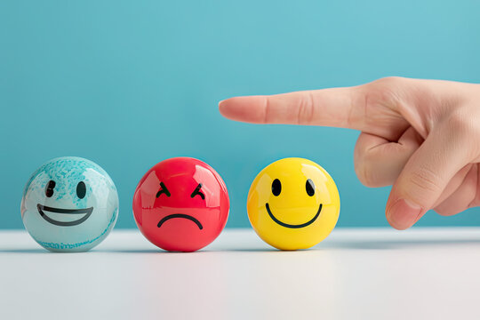 Hand pointing to happy, angry and sad smiley face balls on a white table with a blue background, representing the positive emotional concept of emotions, feelings, wellness or customer experience.