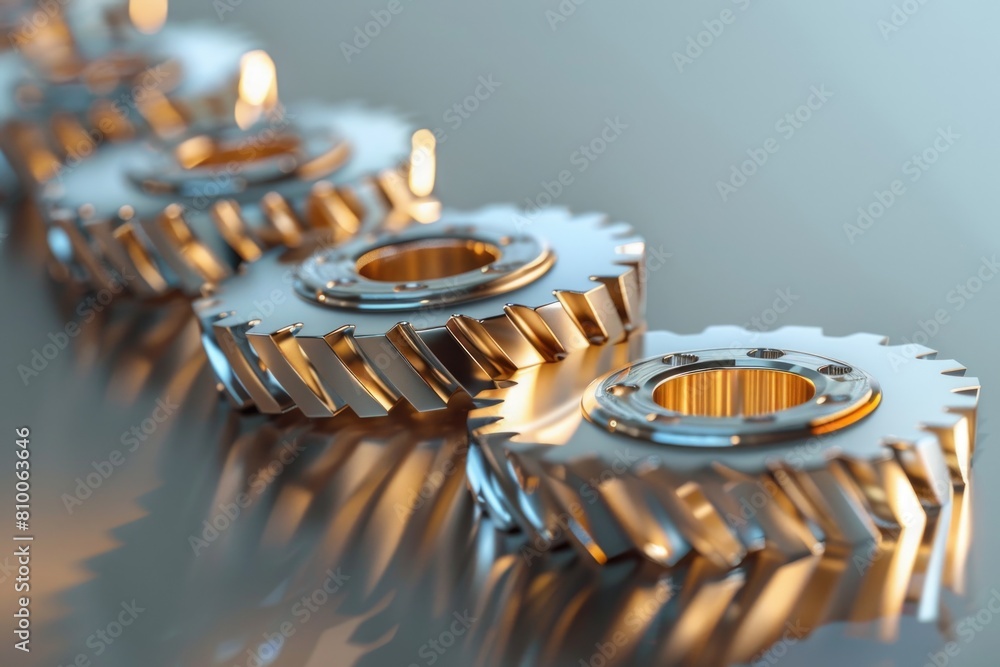 Poster close up of a group of gears on a table. perfect for industrial design concepts