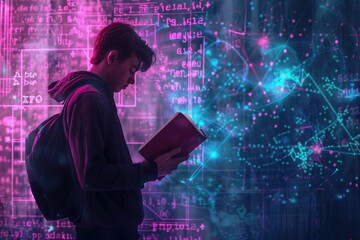 Man reading a book in front of a digital background, suitable for technology or education concepts