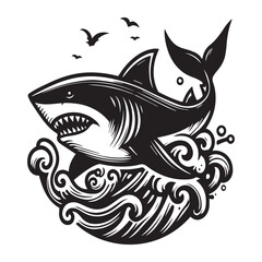Shark , Shark silhouette , shark black and white ,Shark minimalist silhouette logo design