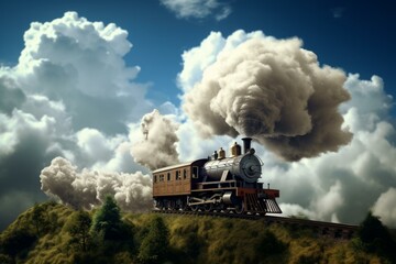Naklejka premium Old-fashioned steam locomotive travels across a scenic route under a dramatic sky