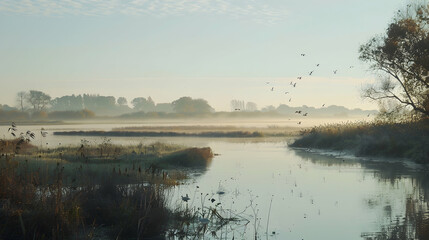 A vast floodplain with a river winding through, early morning mist rising off the water, birds in flight reflected in the calm water