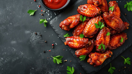 Grilled sticky chicken wings garnished with parsley and served with ketchup on slate plate.