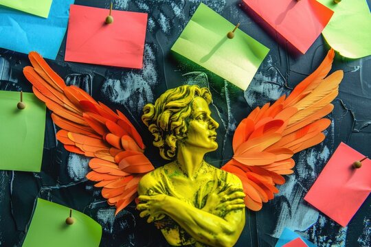 An angel statue surrounded by colorful post it notes, ideal for office or spiritual concepts