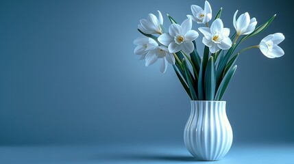   A blue table sits in front of a white wall with a vase full of white flowers on it and a blue wall in the back