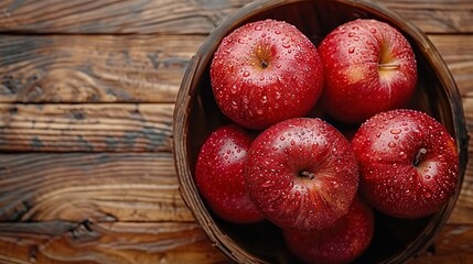   A bowl of red apples sits atop a wooden table, with water droplets adorning the fruit