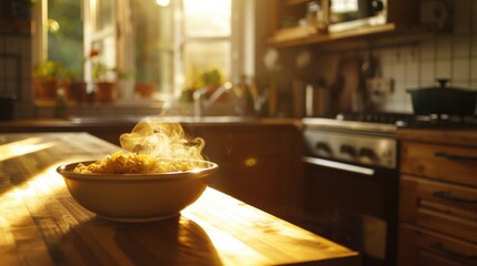 Simple image of a bowl of food on a wooden counter, perfect for food blogs or recipe websites - Powered by Adobe