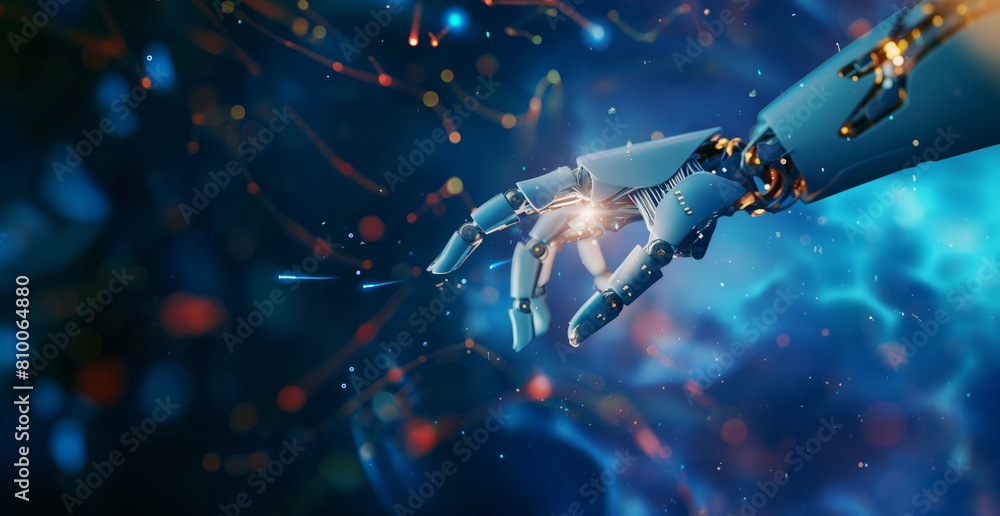 Poster banner, a robot hand is reaching out to touch a glowing object. the image has a futuristic and techn