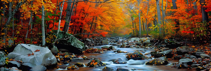 A vibrant autumnal scene featuring a forest stream lined with trees showcasing brilliant fall colors