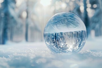 A crystal ball placed on a frosty surface, the reflection showing a wintry forest scene, while snowflakes gather in crisp detail on the glass sphere - Powered by Adobe