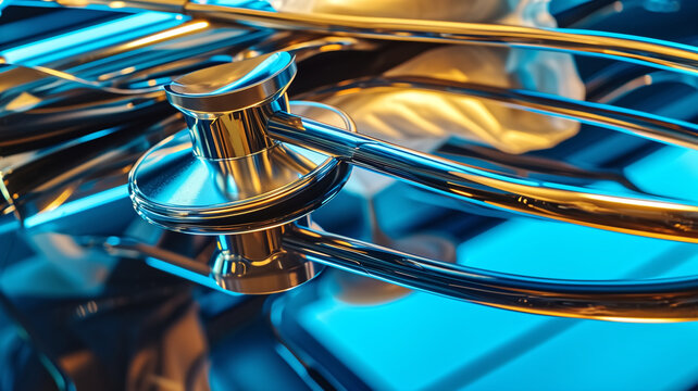 Close-up view of a chrome stethoscope on a vivid blue and gold abstract digital background, highlighting medical technology.
