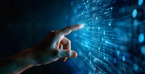 A hand pointing at a computer screen with a blue background. Concept of technology and the importance of digital communication