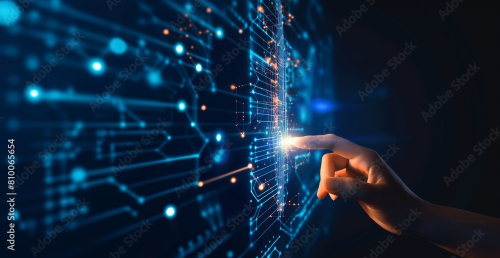Poster a hand is pointing at a computer screen with a blue background. concept of technology and innovation