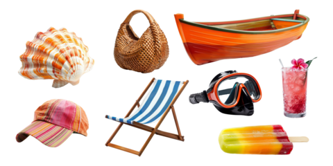 Various beach items as elements for summer holiday vacation including boat, snorkel, ice cream, beach chair and other isolated on background.