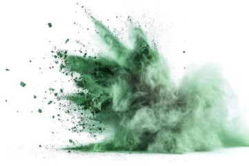 Green chalk pieces and dust flying, effect explode isolated on white
