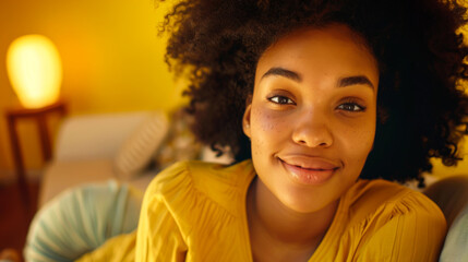 Portrait of a young African American woman in yellow coffee relaxing at home. Beautiful woman posing on a yellow background. Lifestyle.