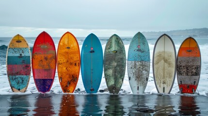 A row of surfboards are lined up on the beach. The surfboards are of different colors and sizes. Concept of excitement and adventure, as the surfers are ready to hit the waves