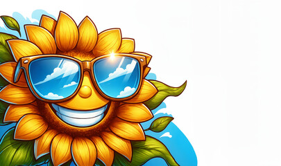 A funny smiling sunflower flower wearing sunglasses in front of a blue sky, copy space area.