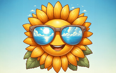 A funny smiling sunflower flower wearing sunglasses in front of a blue sky, copy space area.