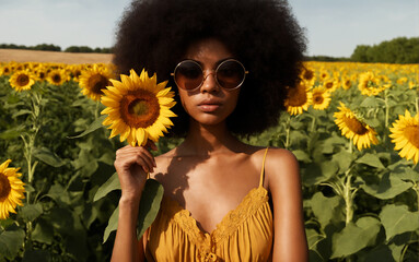 Afro american black woman with kinky hair wearing sunglasses decorated with sunflowers in a sunflower field. Portrait.