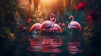 A group of flamingos standing gracefully in a serene jungle lake, their vibrant feathers reflecting in the water.