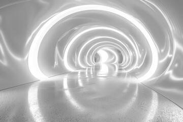 Naklejka premium Abstract tunnel background with white glowing neon light lines and futuristic. High speed train on road. Technology wallpaper. Backdrop