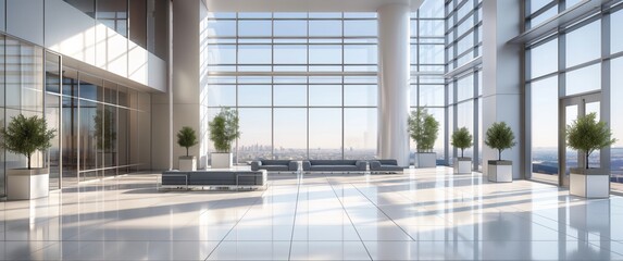 A large, open lobby with a view of the city. The space is filled with potted plants and benches,...