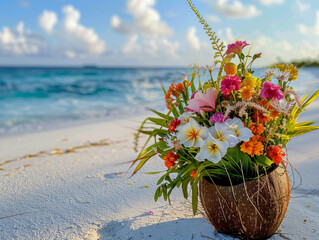 Bouquet of tropical flowers and palm leaves
in vase from coconut on sandy beach of ocean shore
in Maldives. Piece of paradise.