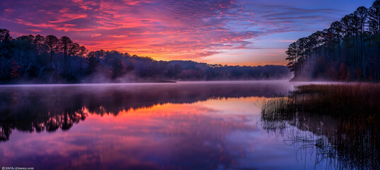 A vibrant sunrise over a forested watershed with mist rising off the water's surface, using a high dynamic range technique for enhanced color depth