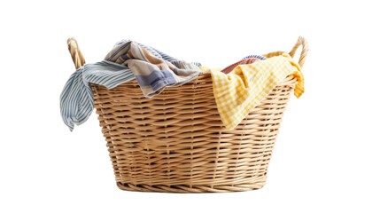 Laundry basket clean clothes cleaning chores housework, clean clothes and Wicker basket with clean laundry isolated on white background 