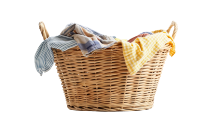 Laundry basket clean clothes cleaning chores housework, clean clothes and Wicker basket with clean laundry isolated on white background 