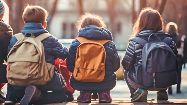 Schoolchildren with backpacks sit with their backs to the camera on the street near the schoo