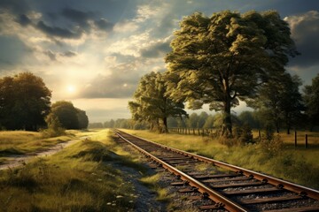 Fototapeta premium Golden hour sunlight bathes a peaceful rural landscape with a railroad leading into the distance