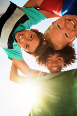 Happy, low angle and portrait of boys on camp for friendship, playing and fun together. Diversity,...