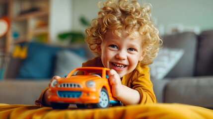 Happy Child boy Playing with Toy Car on a Floor