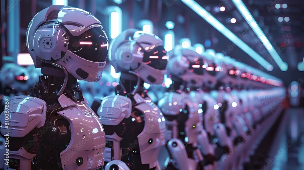 Poster a line of robots stand in a row, all wearing white helmets. the robots are all identical and appear 